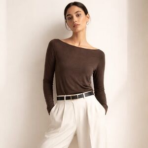 Sarah Pacini Designer Minimalist Boat Neck Semi Sheer Top Taupe Brown Modal Sz S